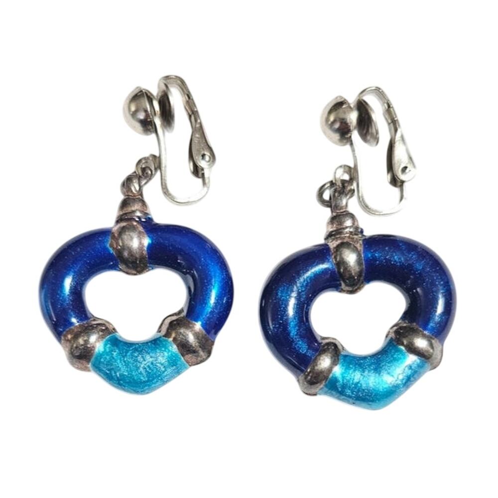 Vintage Modernist Sterling Silver Blue Enamel Open Heart Drop Earrings Statement